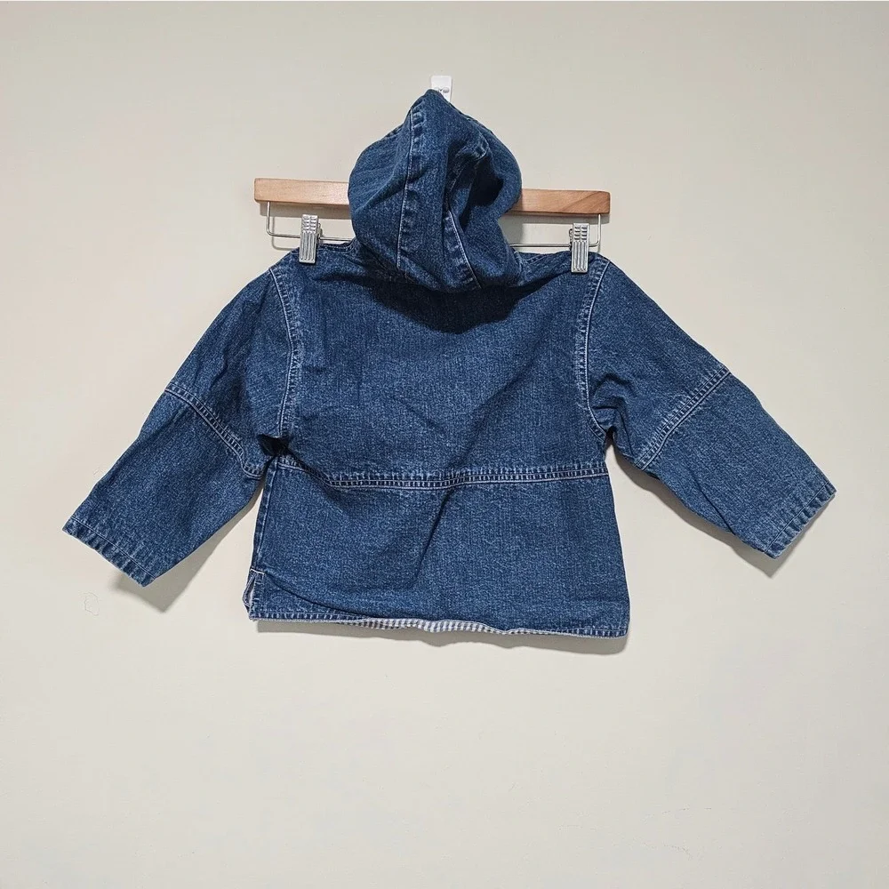Lands End Denim Jacket Kids 4T Blue Hooded Striped Lining Chore Coat Coastal